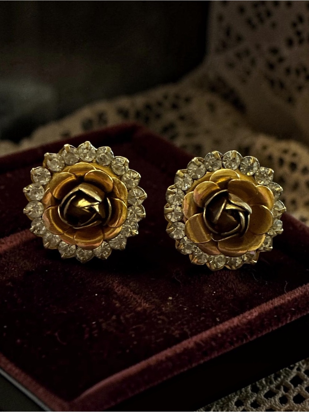 Gold Rose Crystal Halo Screw Back Earrings